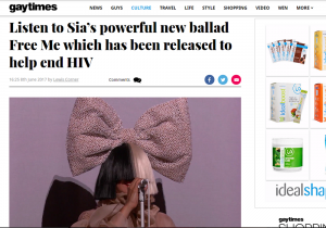 gaytimes Article: Listen to Sia’s powerful new ballad Free Me which has been released to help end HIV